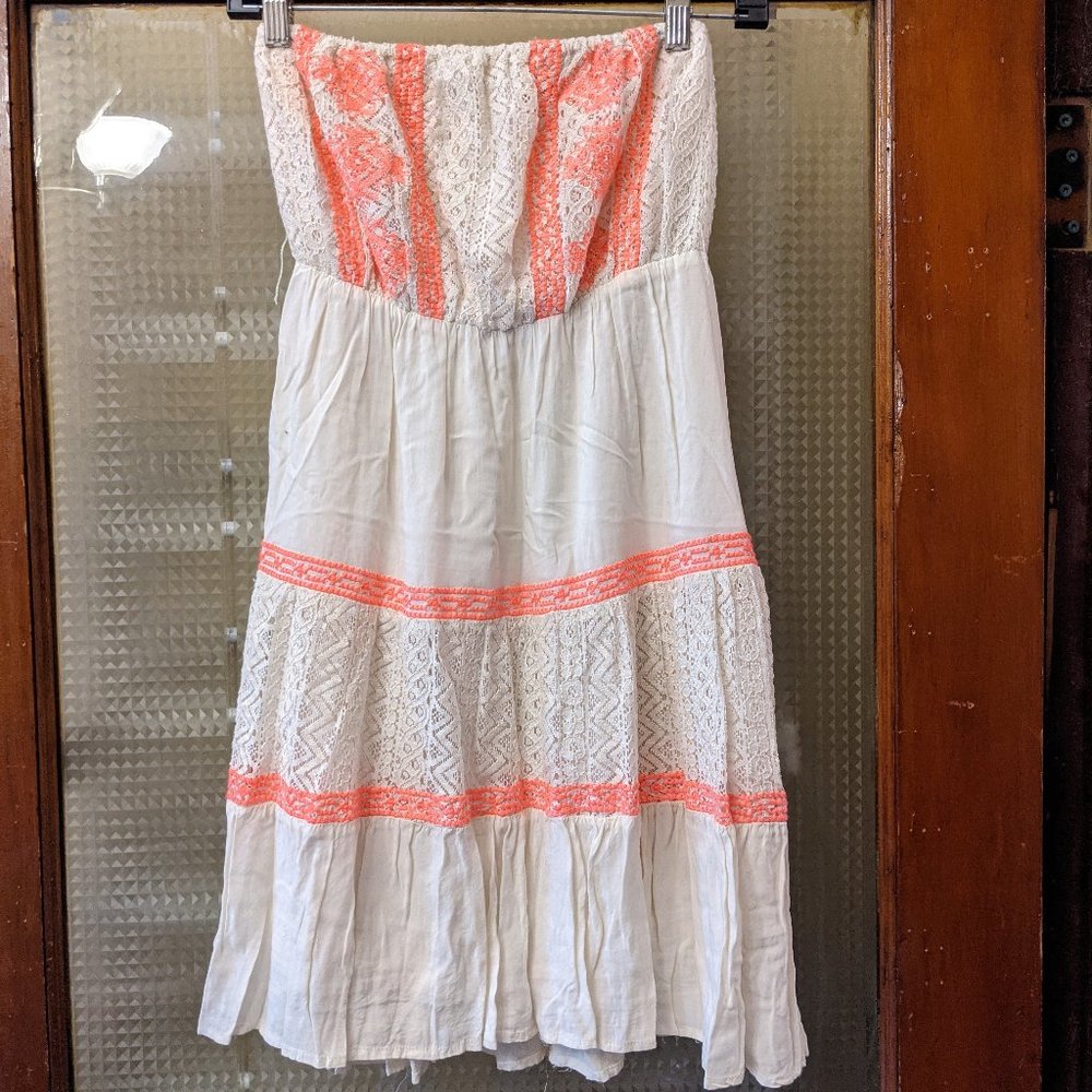 White/Coral Strapless Dress, Size M